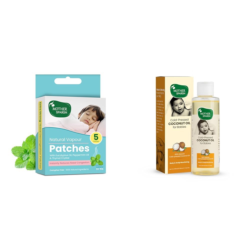 Mother Sparsh Natural Vapour Patches For Kids With Eucalyptus Oil, Peppermint Oil & Thymol Crystal (Camphor Free)- Pack of 5 + Cold Pressed Virgin Coconut Oil for Babies- 200ml