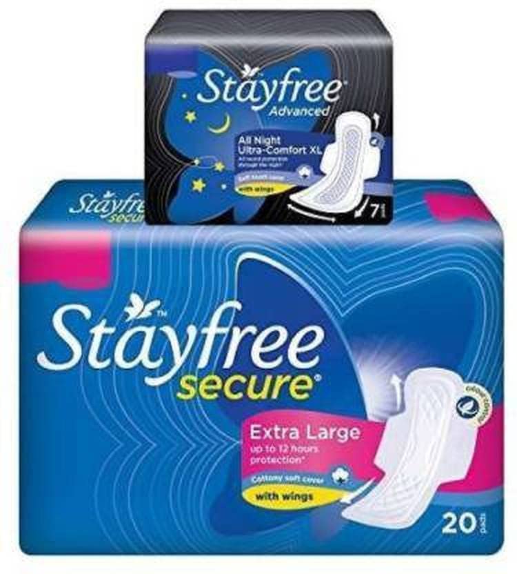STAYFREE Sanitary Napkins with Wings Extra Large 20 pads with .. Dry Max All Night XL 7 Sanitary Pad (Pack of 2)