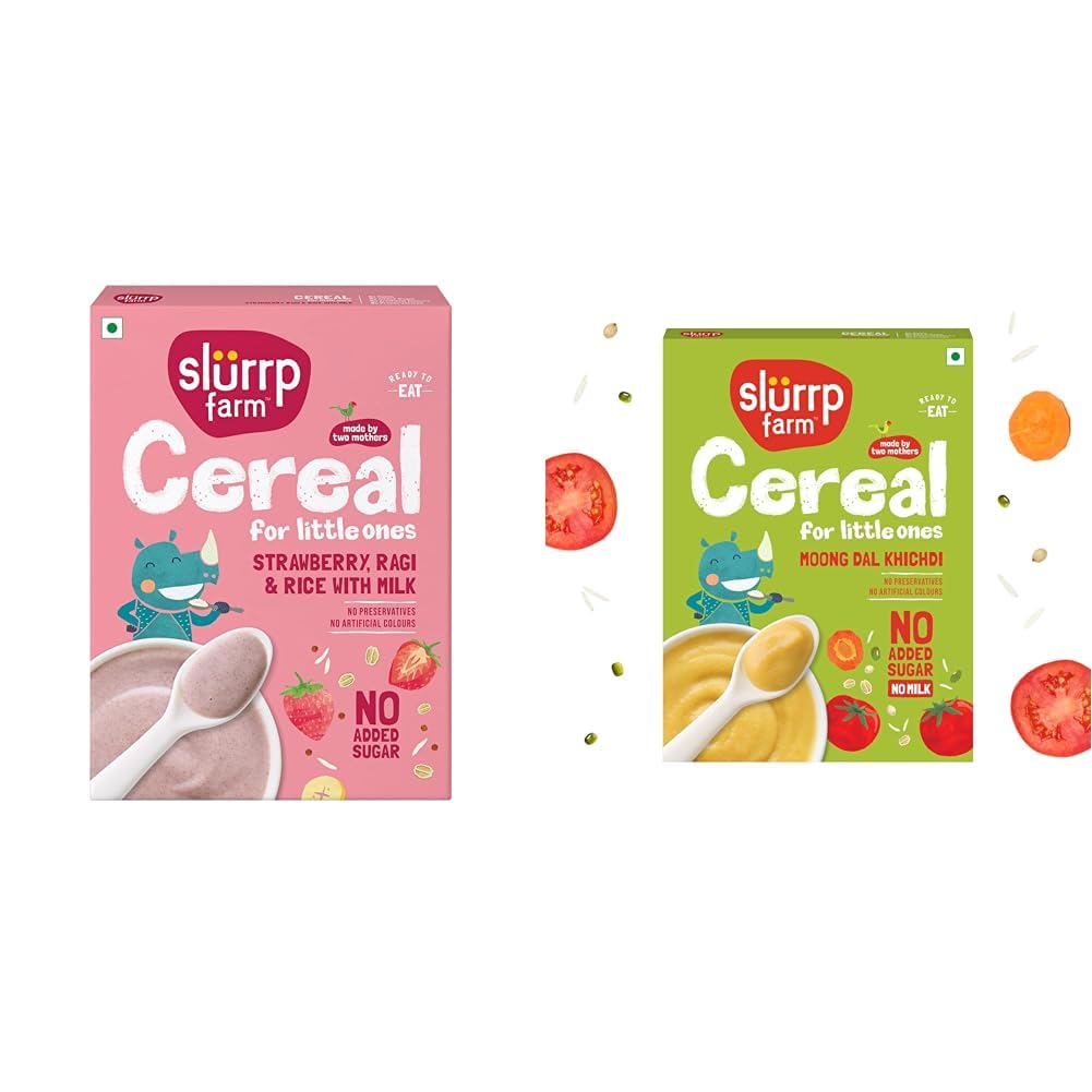 Slurrp Farm Cereal, Ragi, Rice and Strawberry with Milk, Instant Healthy Food, NO Added Sugar, + Slurrp Farm No Added Sugar Instant Moong Dal Khichdi for Little Ones | No Salt, No Milk