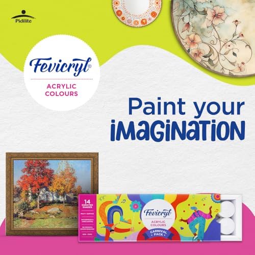 Fevicryl Carnival Kit, 10 ml x 14 Acrylic Colour in Primary, Pastel & Pearl Metallic Shades, Vibrant Paints for Canvas, Fabric, Wood, Glass, Non-Toxic, DIY Art & Craft