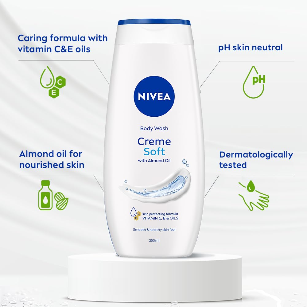 NIVEA Crème Soft 250ml Body Wash| Shower Gel with Natural Almond Oil|Clean, Healthy & Moisturized Skin|Microplastic Free
