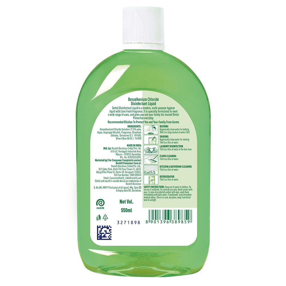 Dettol Liquid Disinfectant for Floor Cleaner, Surface Disinfection, Personal Hygiene (Lime Fresh, 550ml) (Pack of 2)