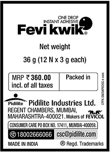 Pidilite Fevikwik One Drop Instant Adhesive | For Instant Sticking And Strong Bond | Multipurpose Use | Non-Stick, Non-Staining | 3G, Pack Of 12