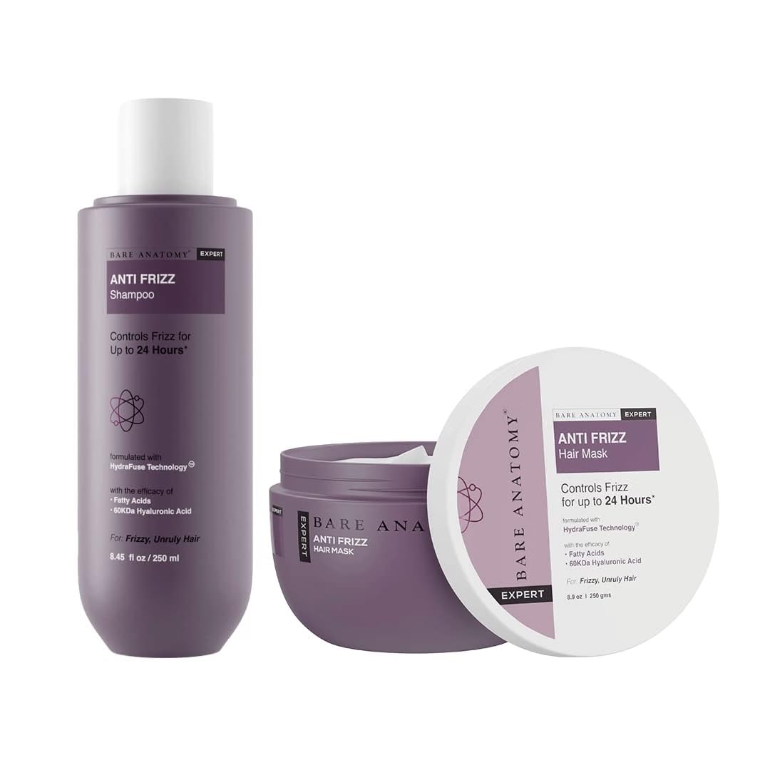 Bare Anatomy Anti Frizz Shampoo & Hair Mask Combo | Hyaluronic Acid & Fatty Acids | Frizz Control Up to 24 Hours | Smooth & Shiny Hair | 250ml + 250g