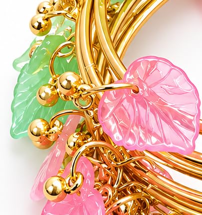 NMII Gold Plated Multicolor Leaf Ghunghroo Bangles Set | Pink & Green Leaf Design Kangan | Designer Gold Finish Metal Chudi | Stylish Floral Chudiya For Wedding Festive - Set Of 8