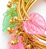 NMII Gold Plated Multicolor Leaf Ghunghroo Bangles Set | Pink & Green Leaf Design Kangan | Designer Gold Finish Metal Chudi | Stylish Floral Chudiya For Wedding Festive - Set Of 8