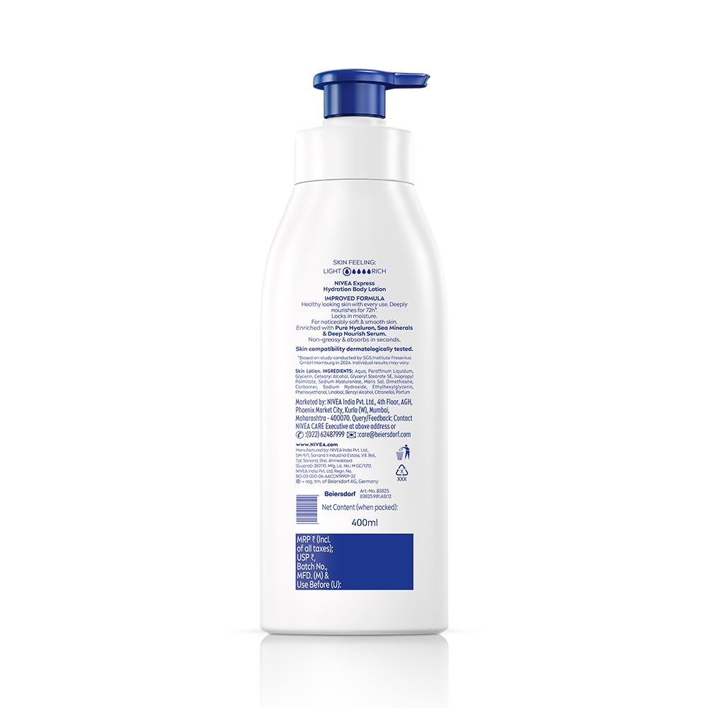 NIVEA Express Hydration Body Lotion, 400ml | 72 H Moisturization & Hydration for Summer | Goodness of Sea Minerals & Deep Moisture Serum | Non Greasy & Healthy Looking Skin |For All Skin Types