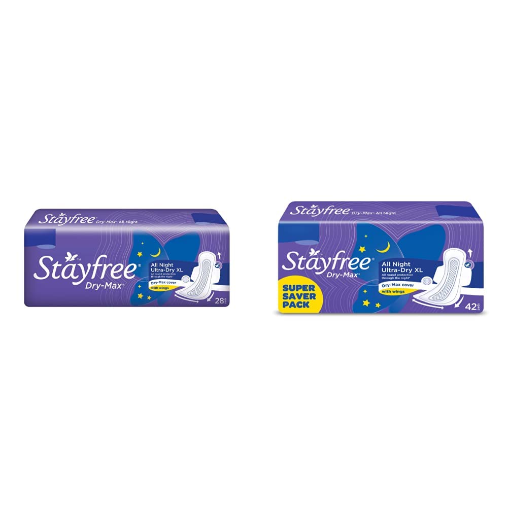 Stayfree Dry Max All Night Sanitary napkins (28 Count) & All Night XL Dry Max Cover Sanitary Napkins - 42 Pads (Super Saver Pack) Combo