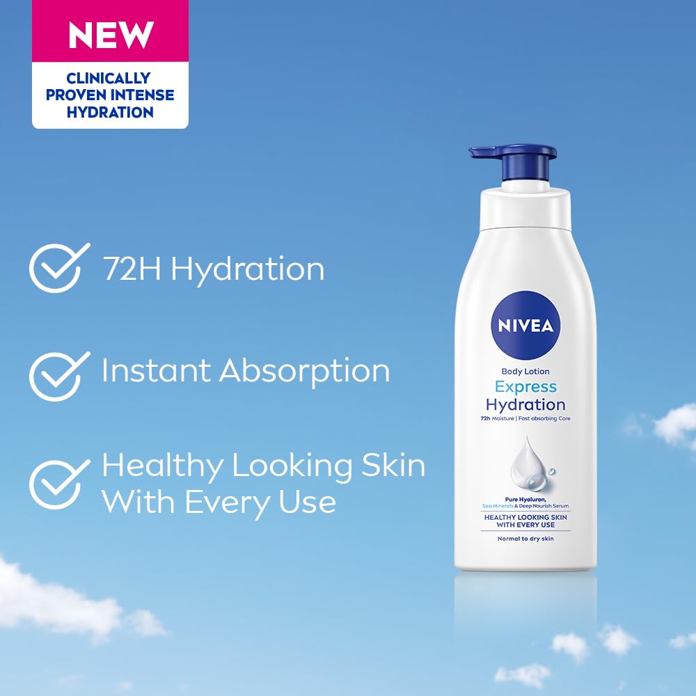 NIVEA Express Hydration Body Lotion, 400ml | 72 H Moisturization & Hydration for Summer | Goodness of Sea Minerals & Deep Moisture Serum | Non Greasy & Healthy Looking Skin |For All Skin Types