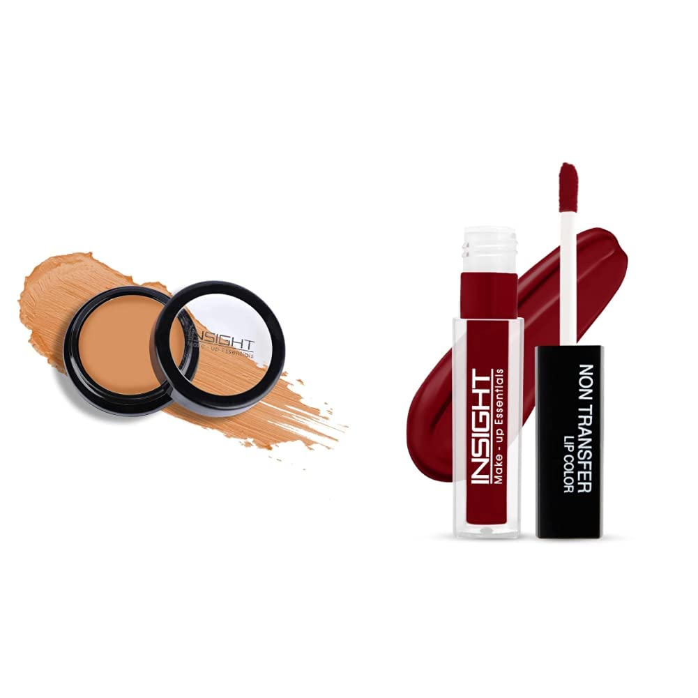 INSIGHT Professional Natural Matte Finish Full Coverage Makeup Acne Prone Skin Conceal, Correct, Contour Palette Cream - 04-Warm Beige & Non Transfer Lip Color, Matte Finish, 4ml - 03 Divine Wine