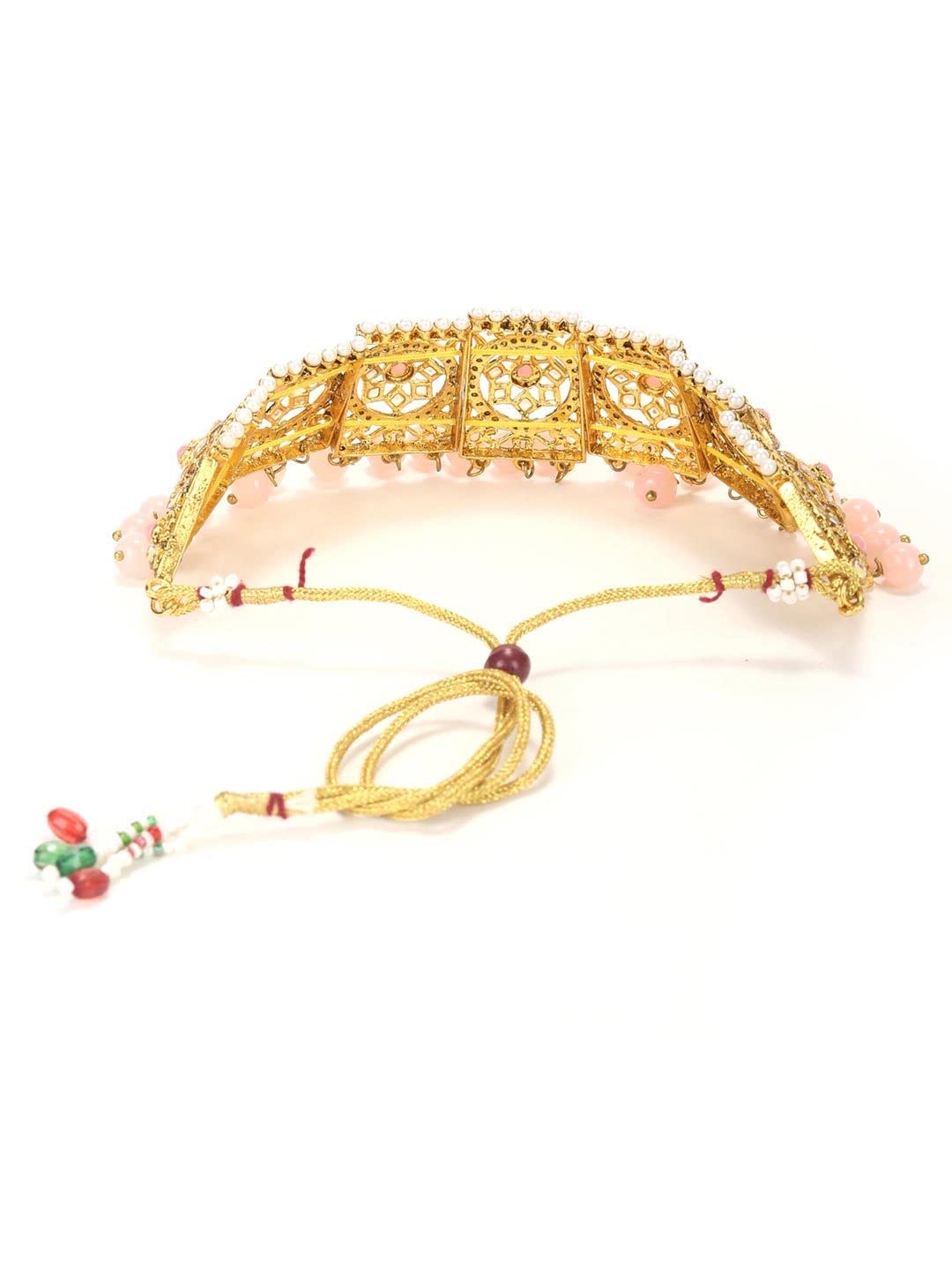 Priyaasi Gold-Plated, Stones Studded Floral Patterned Choker Set with Beads Drop in Pink Color, One Size (NL-PR-10050-PNK)