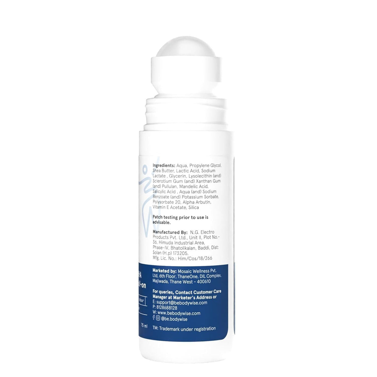 Be Bodywise 4% AHA BHA Underarm Roll on | Fragrance-Free | With 2% Lactic Acid, 1% Mandelic Acid, 1% Salicylic Acid | Prevents Odour, Reduces Pigmentation for even tone| For Radiant Underarms | Alcohol & Aluminium Free | Suitable for Sensitive Skin | 75ml