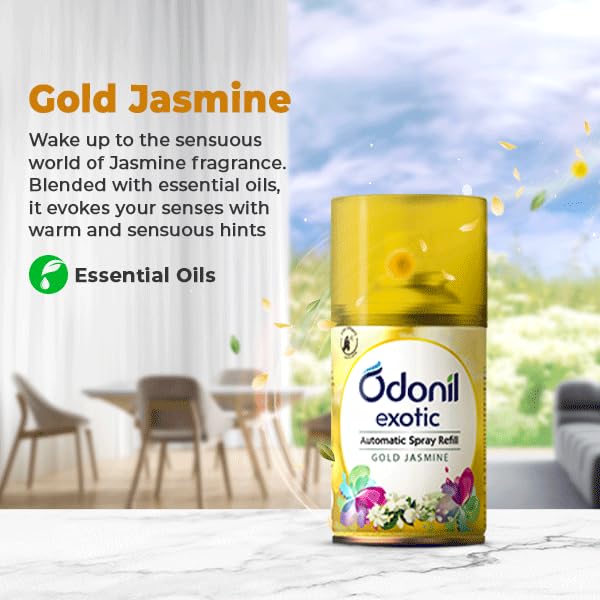 DABUR Odonil Exotic Automatic Spray - 225Ml | Gold Jasmine | 2X Long Lasting | Fits all Machines | 2200 Sprays Guaranteed | Lasts Upto 60 Days | Suitable for Washroom, Gym area, Living Room & Office