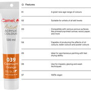 Camel Camlin Kokuyo Artist Acrylic Colour Tubes 120ml Cadmium Orange 039