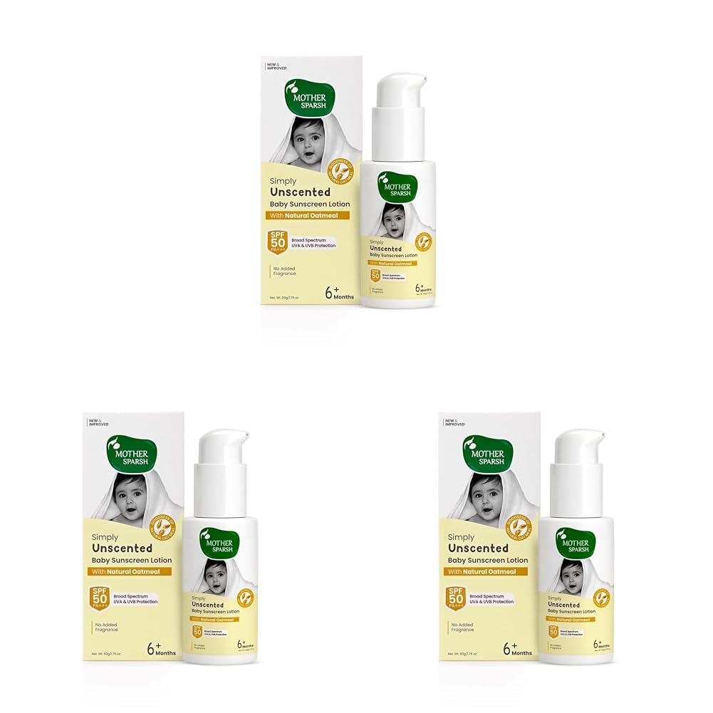 Mother Sparsh Simply Unscented Mineral Baby Sunscreen with Natural Oatmeal -50g, with SPF 50 & UVA/UVB Protection | Fragrance Free Sunscreen for Babies with Sensitive Skin (Pack of 3)