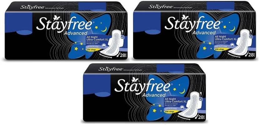 STAY FREE Advanced Extra Large All Night Soft Cover Sanitary Pads For Women With Wings 28+28+28 Pieces (Pack Of 84)
