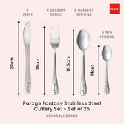 Parage Fantasy Stainless Steel Cutlery Set - Set of 25 (Contains: 6 Table Spoons, 6 Tea Spoons, 6 Forks, 6 Knives, 1 Stand), Spoon Set, Cutlery Set for Dining Table Stylish, Silver