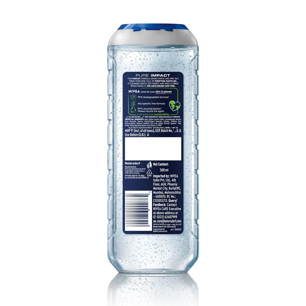 NIVEA MEN Pure Impact 500ml Body Wash| Shower Gel for Face, Body & Hair| Purifying Micro Particles for Extra Fine Scrub & Instant Summer Freshness|Clean, Healthy & Moisturized Skin