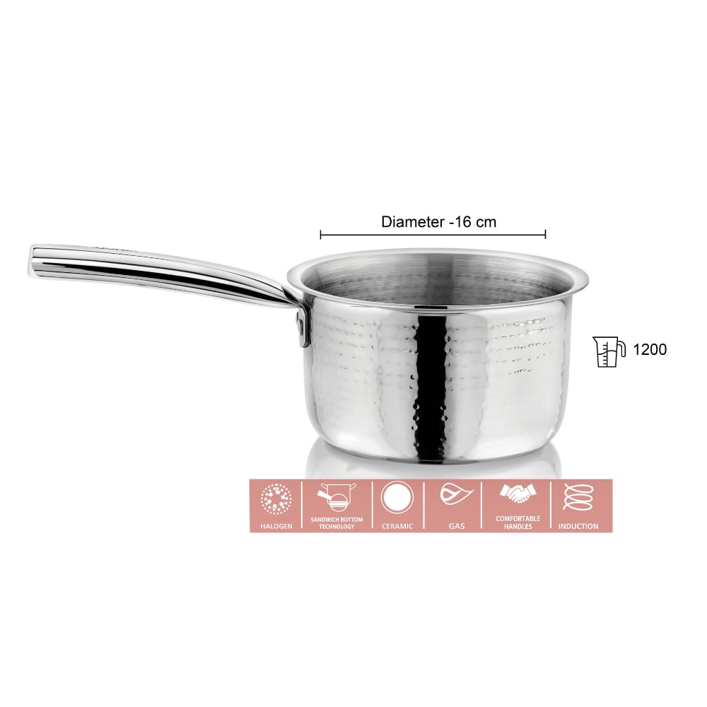 Vinod – Claro Heavy Gauge Stainless Steel Hammered Sauce Pan, 1.5 mm – (16cm)