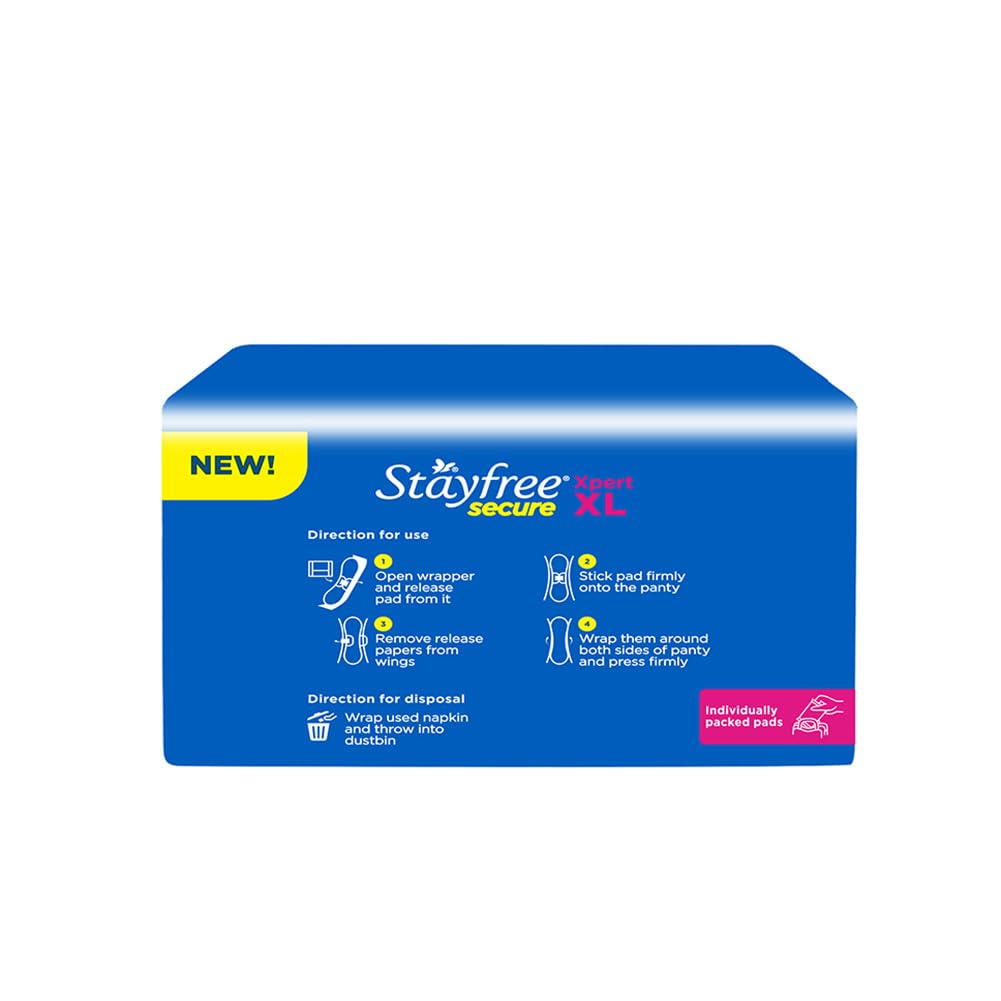 Stayfree Secure Xpert XL Sanitary Pads for Women | 290 mm | 18 Pads | Longer & Wider Pads for Heavy Flow | Air Soft Cover | Helps Prevent Skin Irritation | Fits in Pocket | Gel Lock Pockets for Instant & Deep Absorption | Dermatologically Tested