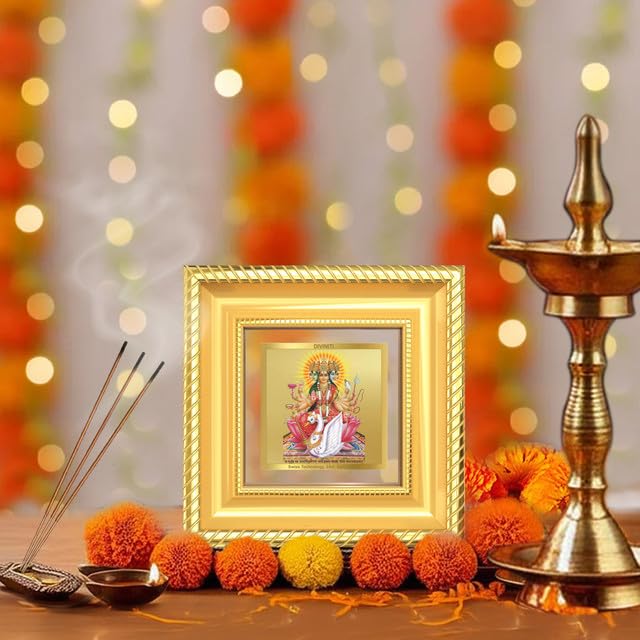 DIVINITI Goddess Gayatri 24K Gold Plated Foil Tabletop Photo Frame for Home Décor, Puja Room, Luxury Gifting | DG Frame 015 S1A (10x10 CM)