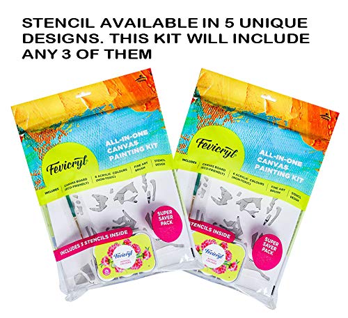 FEVICRYL Canvas KIT with Stencil, AXRYLIC Colours-(Crimson,ULTRAMARNINE Blue,SAP Green,Lemon Yellow,Black, White) Size 4 Round Brush, and Premium Quality Canvas Board 8" 10" INCH