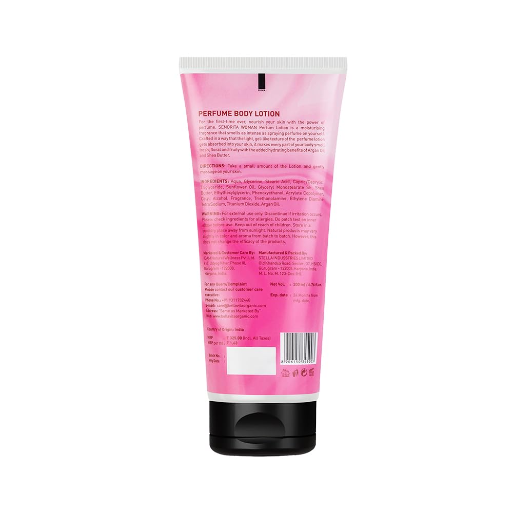 Bella Vita Luxury Senorita Woman Perfume Body Lotion for Nourishing, Hydrating, Soft, Supple,Healthy Skin with Argan Oil and Shea Butter 200 Ml