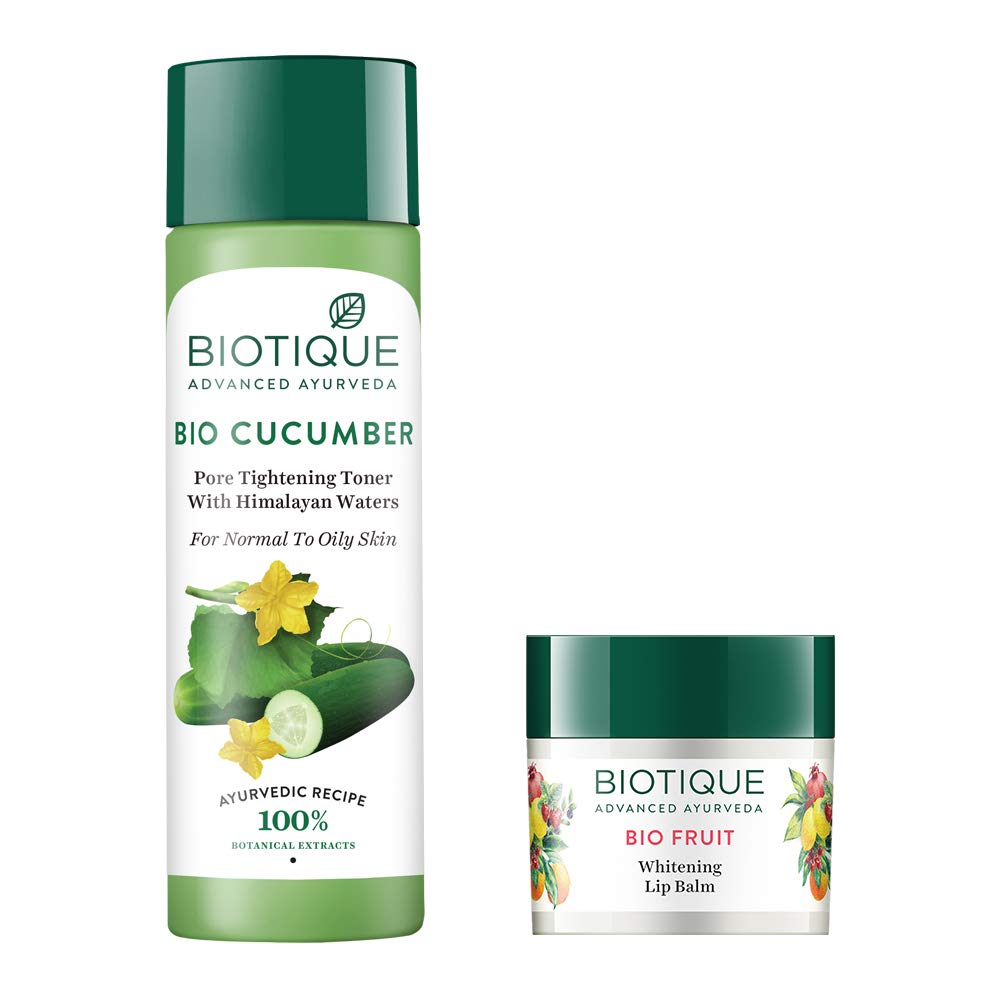 Biotique Bio Fruit Whitening Lip Balm, 12g and Biotique Bio Cucumber Pore Tightening Toner, 120ml (Pack of 2)