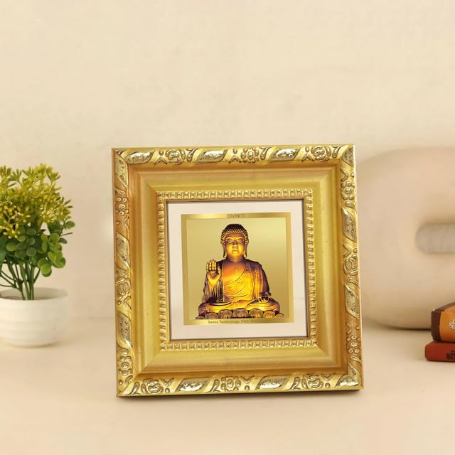 DIVINITI Lord Buddha 24K Gold Plated Foil Tabletop Photo Frame for Home Décor, Puja Room, Luxury Gifting | DG Frame 103 S1A (10x10 CM)