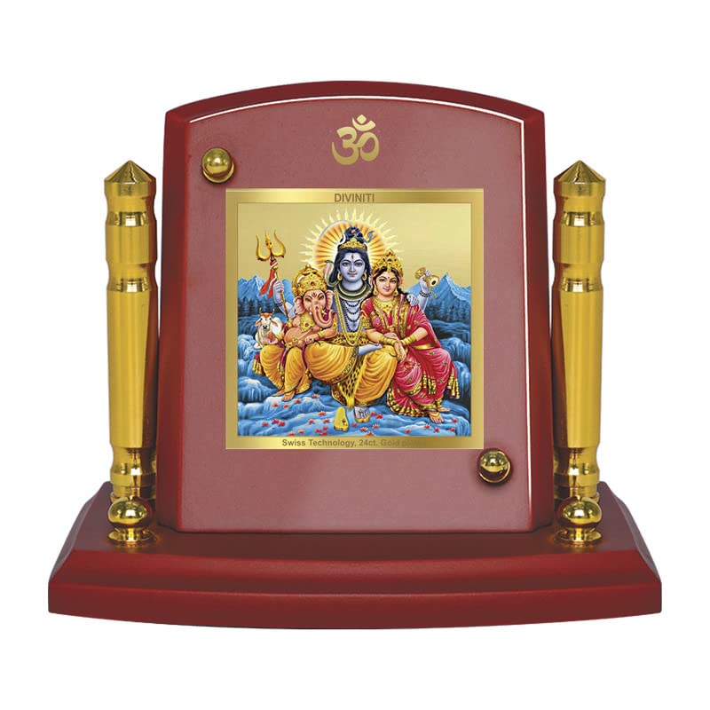 DIVINITI 24K Gold Plated Religious Car Dashboard Frame | Premium God Idol Frame for Car, Home Mandir & Office Table | Spiritual Gift, Decorative Showpiece | Shiv Parivar-1