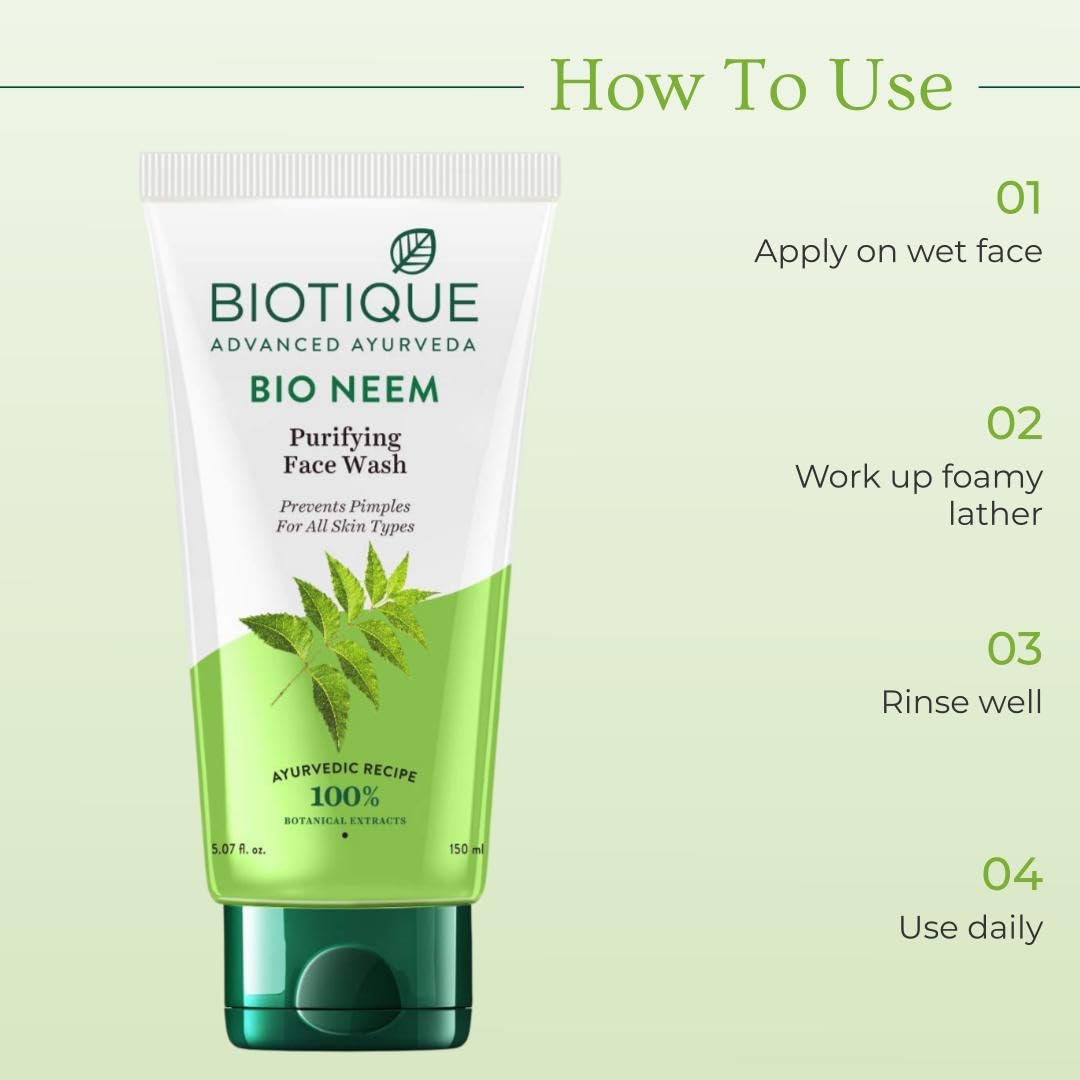 Biotique Fresh Neem Pimple Control Face Wash| Ayurvedic and Organically Pure| Prevents Pimples |100% Botanical Extracts| Suitable for All Skin Types | 50mL