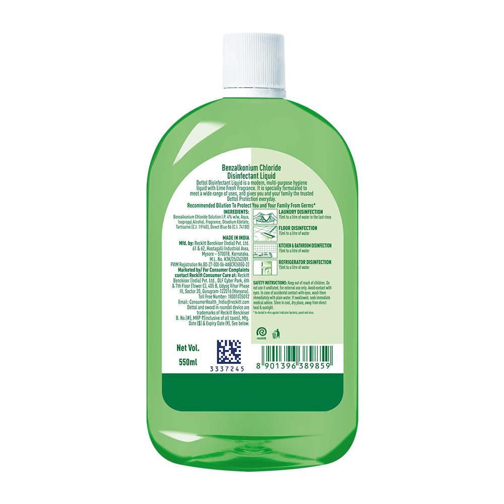 Dettol Multi-Purpose Disinfectant Liquid for Floor & Surface Cleaning, Lime Fresh Fragrance, 550ml
