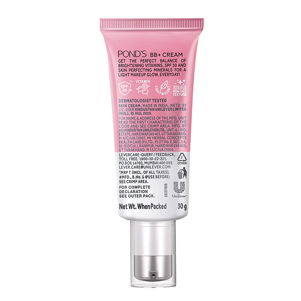 Pond's BB+ Cream Ivory Instant Spot Coverage + Light Makeup Glow Vitamin Enriched Foundation SPF 30 PA+++ 30g & Pond's Light Moisturiser Cream 100ml