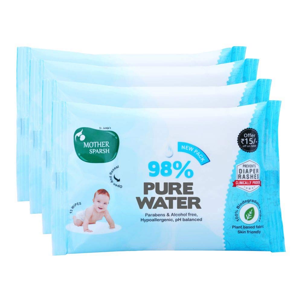 Mother Sparsh 98 Scented Water Cotton Plant Fabric, Biodegradable Wipe (Blue, 15 Wipes)