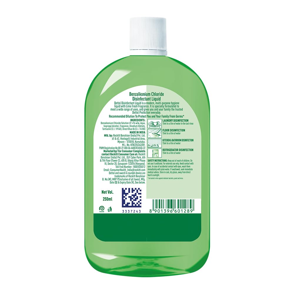 Dettol Multi-Purpose Disinfectant Liquid for Floor & Surface Cleaning, Lime Fresh Fragrance, 250ml