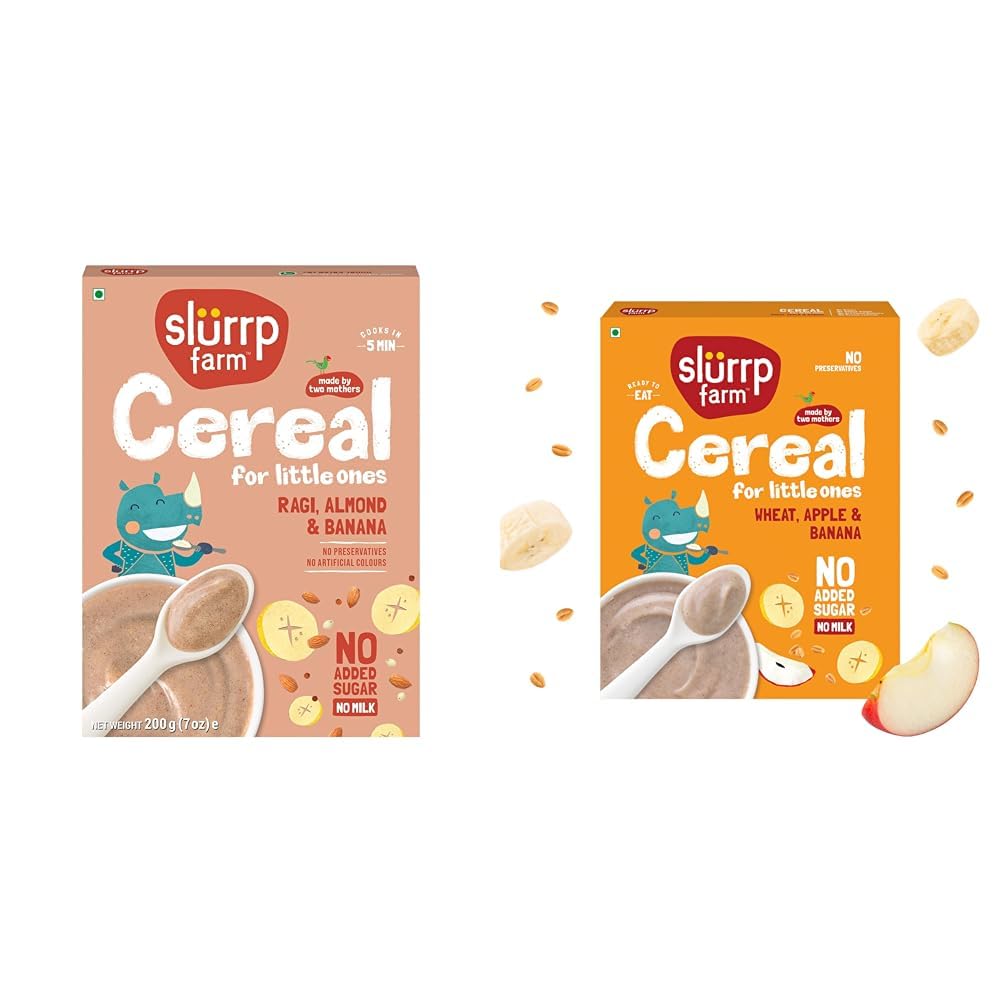 Slurrp Farm No Added Sugar, No Salt Ragi, Almond and Banana Cereal | 100% Sprouted Ragi | Healthy Ce + Slurrp Farm No Added Sugar Instant Wheat Apple & Banana Cereal | No Milk No Preservatives | 300g