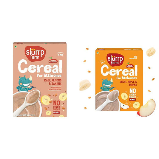 Slurrp Farm No Added Sugar, No Salt Ragi, Almond and Banana Cereal | 100% Sprouted Ragi | Healthy Ce + Slurrp Farm No Added Sugar Instant Wheat Apple & Banana Cereal | No Milk No Preservatives | 300g