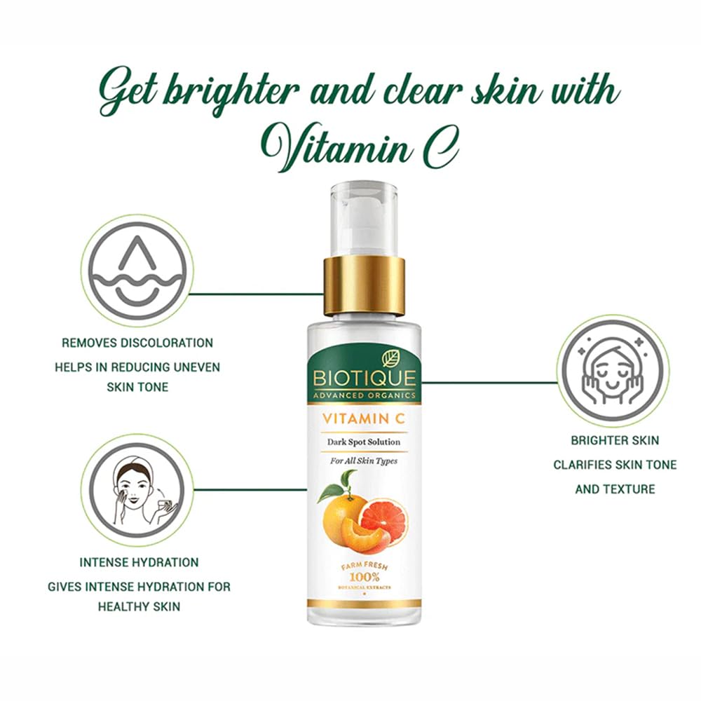 Biotique Vitamin C Dark Spot Solution Serum | Helps Reduce Dark Spots, Pigmentation & Uneven Skin Tone | Lightweight, Fast-Absorbing Serum | Suitable for All Skin Types | 30ml