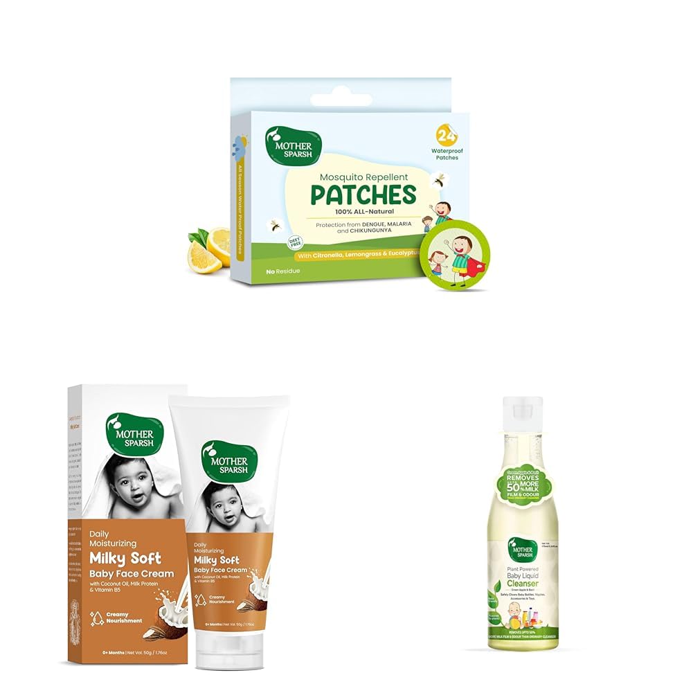Mother Sparsh Baby Pack – Natural Mosquito Patches (24 pcs) + Milky Soft Baby Face Cream (50g) + Natural Liquid Cleanser (175ml) – 12hr Protection, Moisturizing, Gentle Cleaning