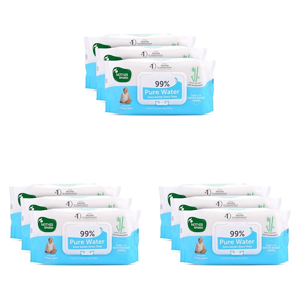 Mother Sparsh 99% Pure Water (Unscented) Baby Wipes I Natural Plant Made Cloth - Super Thick I 72pcs/Pack - Pack Of 9