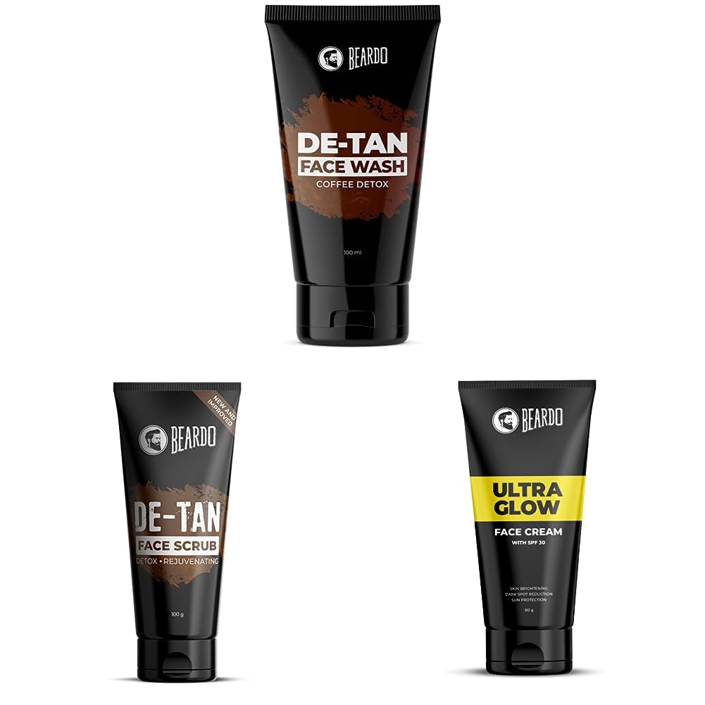 Beardo Care Combo | DeTan Coffee Face Wash 100ml, Ultraglow Cream 60g & DeTan Scrub Tube 100g (Set of 3)