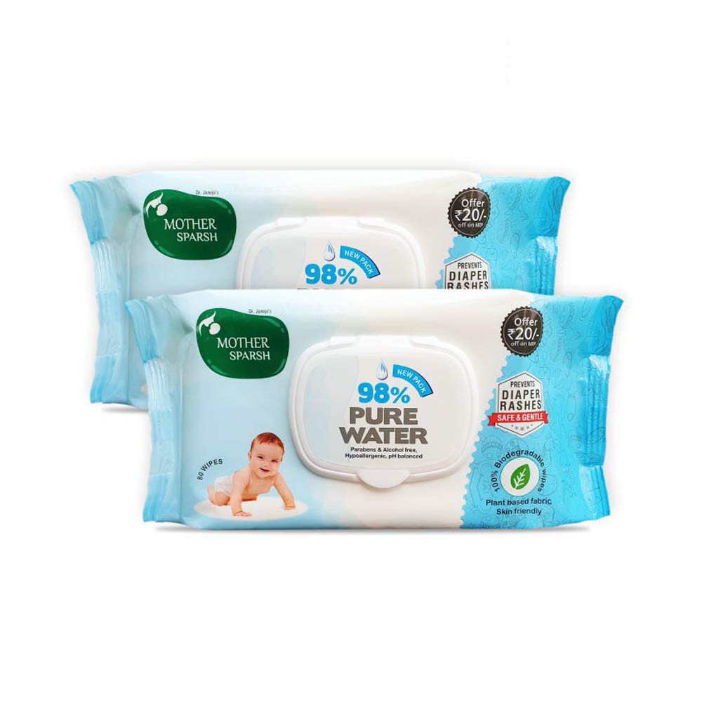 Mother Sparsh 98% Water Based Baby Wipes I Plant made Baby Wet Wipes I 80 Pcs wipes with lid, Pack of 2 & Mother Sparsh Natural Baby Liquid Cleanser 175ml