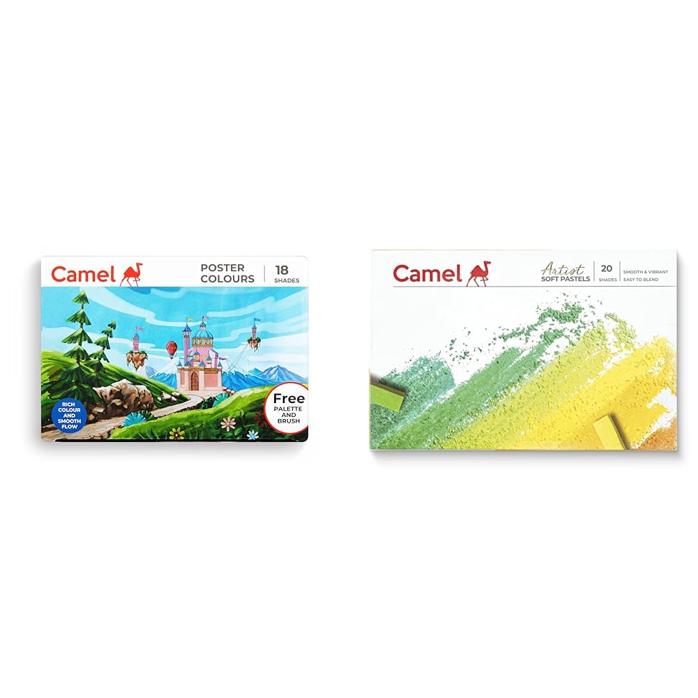 Camel Camlin Kokuyo Multicolor Pack Of 18 Shade Bottles 10Ml Each, 1 Palette, 1 Brush & Assorted 20-Shade Soft Pastel Set