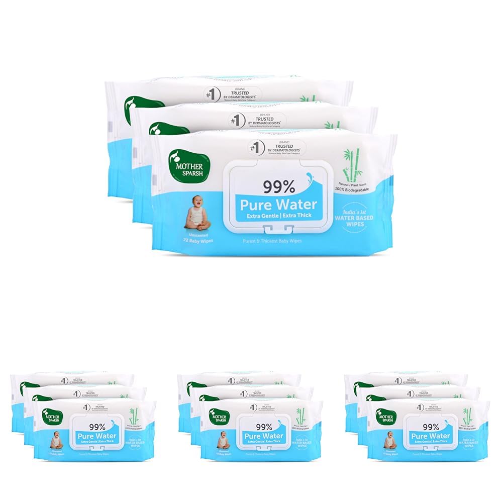 Mother Sparsh 99% Pure Water (Unscented) Baby Wipes I Natural Plant Made Cloth - Super Thick I 72pcs/Pack - Pack Of 12