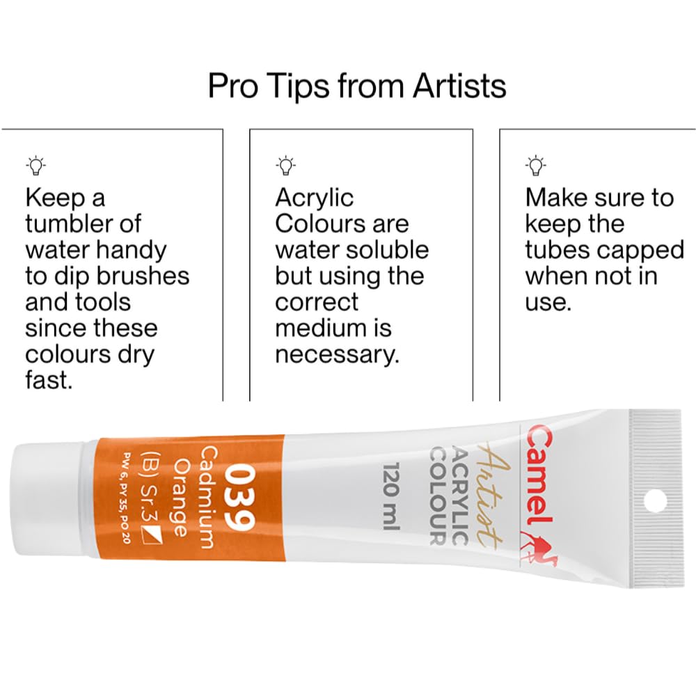 Camel Camlin Kokuyo Artist Acrylic Colour Tubes 120ml Cadmium Orange 039