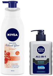 Nivea Body Lotion, Extra Whitening Cell Repair SPF 15, For All Skin Types, 400ml & Men Face Wash, Oil Control, 10x Vitamin C, 150ml