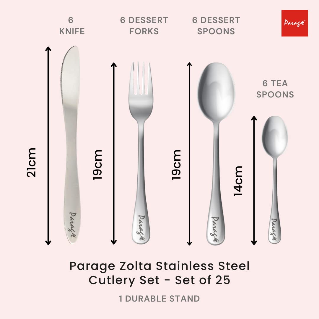 Parage Zolta Stainless Steel Cutlery Set- Set of 25 (Contains: 6 Table Spoons, 6 Forks, 6 Tea Spoons, 6 Knives, 1 Stand), Spoon Set, Cutlery Set for Dining Table Stylish (Blue)