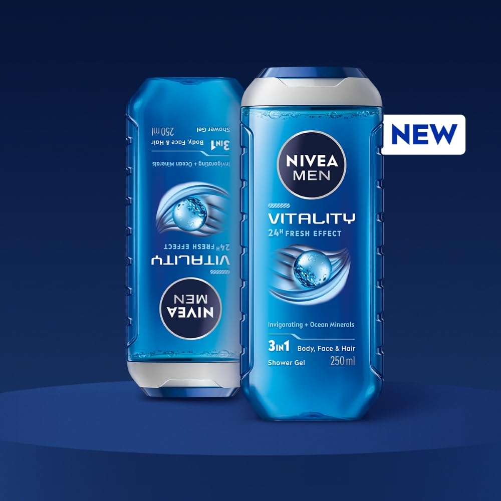 NIVEA MEN Vitality Fresh 250ml Body Wash| Shower Gel for Face, Body & Hair| Power of Ocean Minerals| Long Lasting Summer Freshness |Clean, Healthy & Moisturized Skin