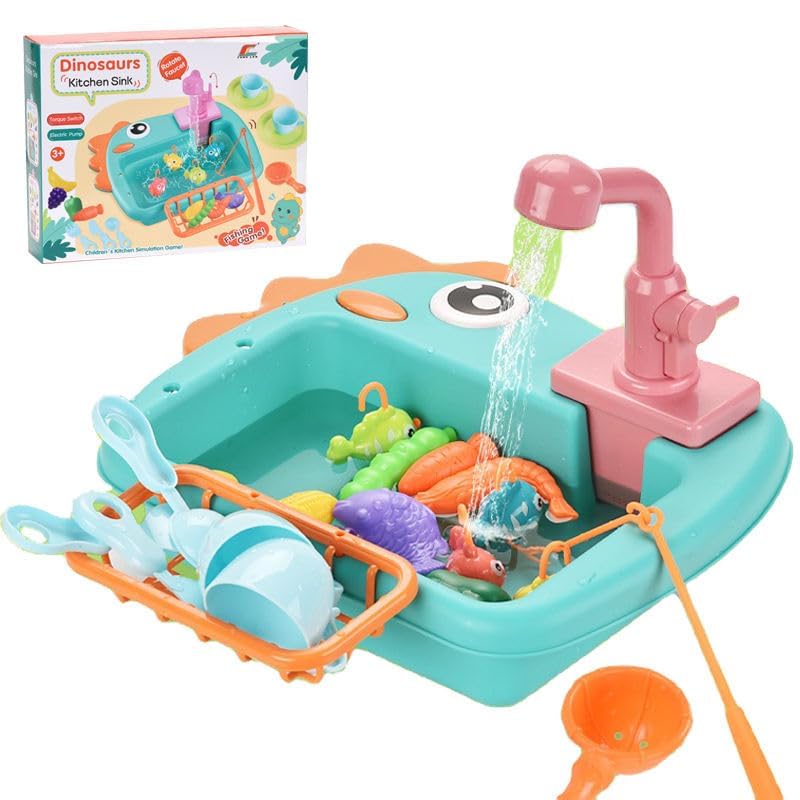 Toy Imagine 2-in-1 Electric Dinosaur Kitchen Sink Play Set for Kids, Recycling Running Water Faucet with Fishing Game, Pretend Dishwashing Toy with Utensils & Accessories for Boys & Girls Ages 3+