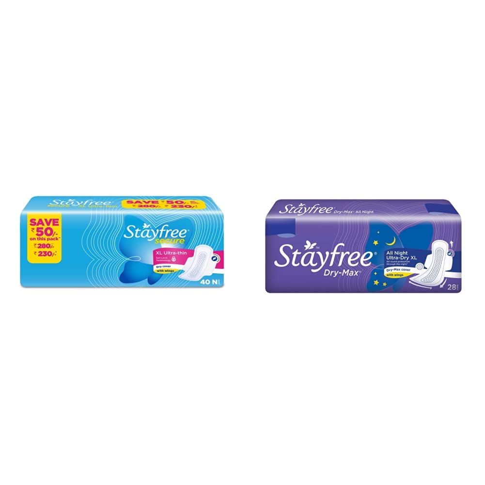 Stayfree Secure XL Ultra Thin Sanitary napkins (40 Count) & Stayfree Dry Max All Night Sanitary napkins (28 Count)
